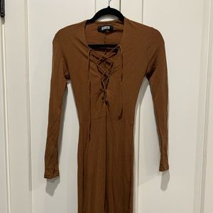 Reformation Long Sleeve Edison Ribbed Midi Dress Cocoa Brown Small